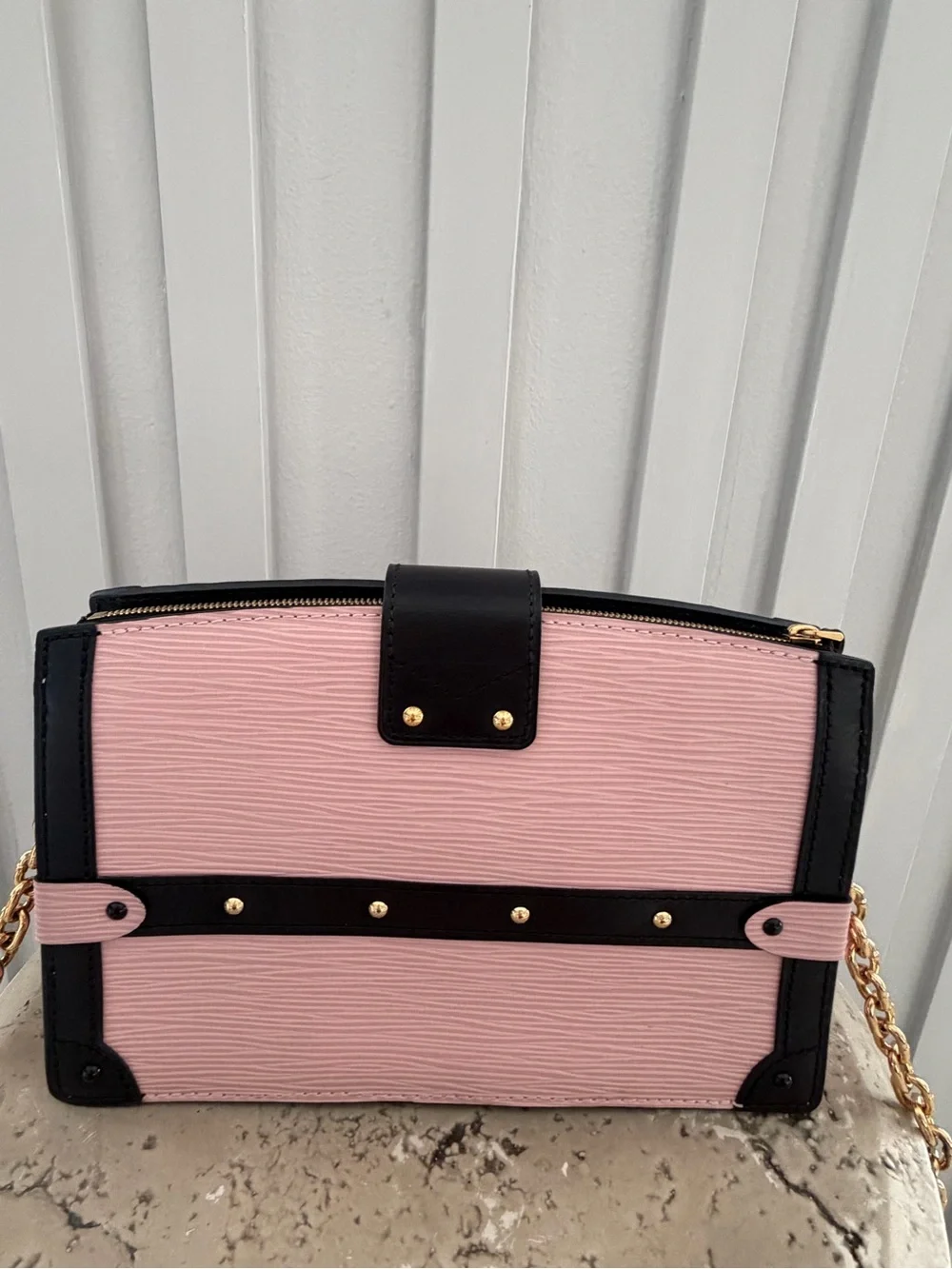 Authentic Louis Vuitton M53191 Petite Malle Clutch/Crossbody Black and Rose Pink